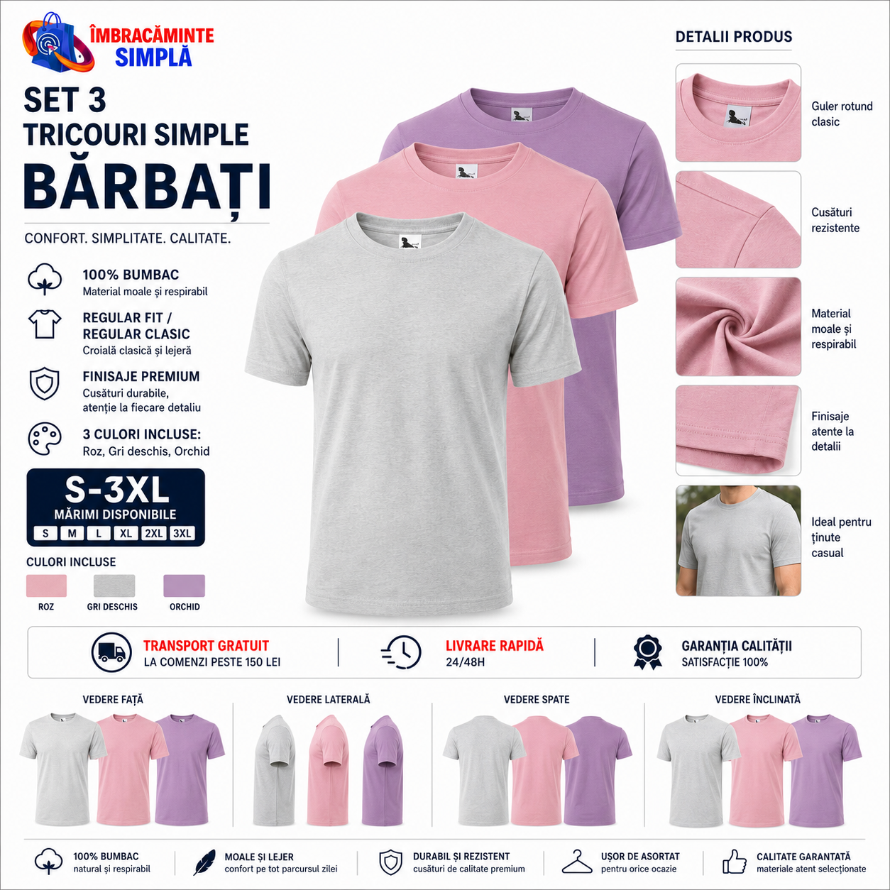 Set 3 tricouri bărbați 100% bumbac regular clasic roz gri deschis și orchid S-3XL